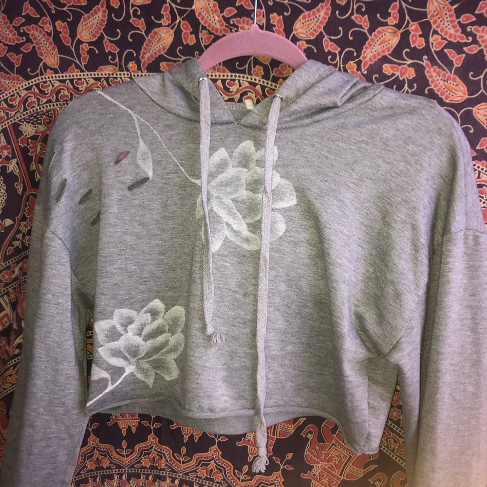 Cropped Grey Hoodie w/ floral design